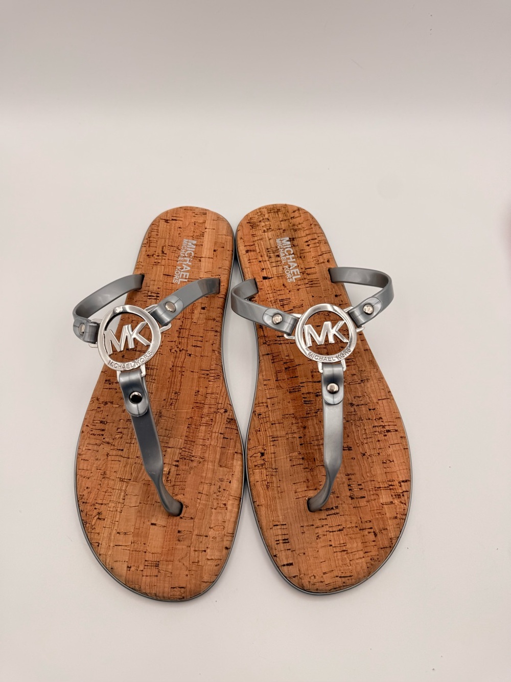 MICHAEL KORS MK Logo Cork Thong Sandals Silver Women’s Size  11 - Picture 3 of 9
